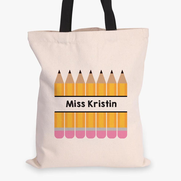 Pencils Personalized Teacher Black Handle Tote Bag  | Custom Teacher Gifts.