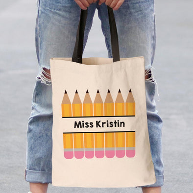 Pencils Personalized Teacher Black Handle Tote Bag  | Custom Teacher Gifts.