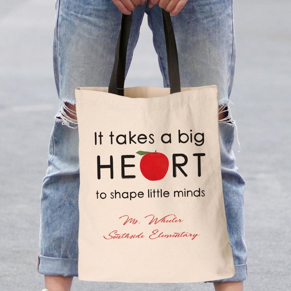 Big Heart Teacher Personalized Black Handle Tote Bag | Custom Teacher Gifts.
