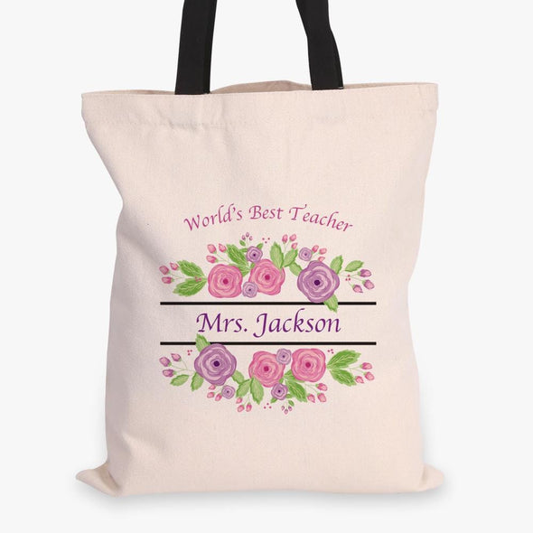 World's Best Teacher Personalized Black Handle Tote Bag | Custom Teacher Gifts.