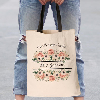 World's Best Teacher Personalized Black Handle Tote Bag | Custom Teacher Gifts.