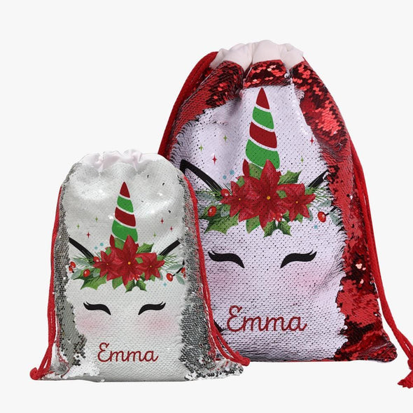 Custom Christmas Poinsettia Unicorn Sequin Drawstring Gift Sack | Personalized Santa Bag for Kids.