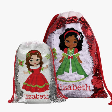 Winter Princess Personalized Christmas Sequin Drawstring Gift Sack | Personalized Santa Bag for Kids.