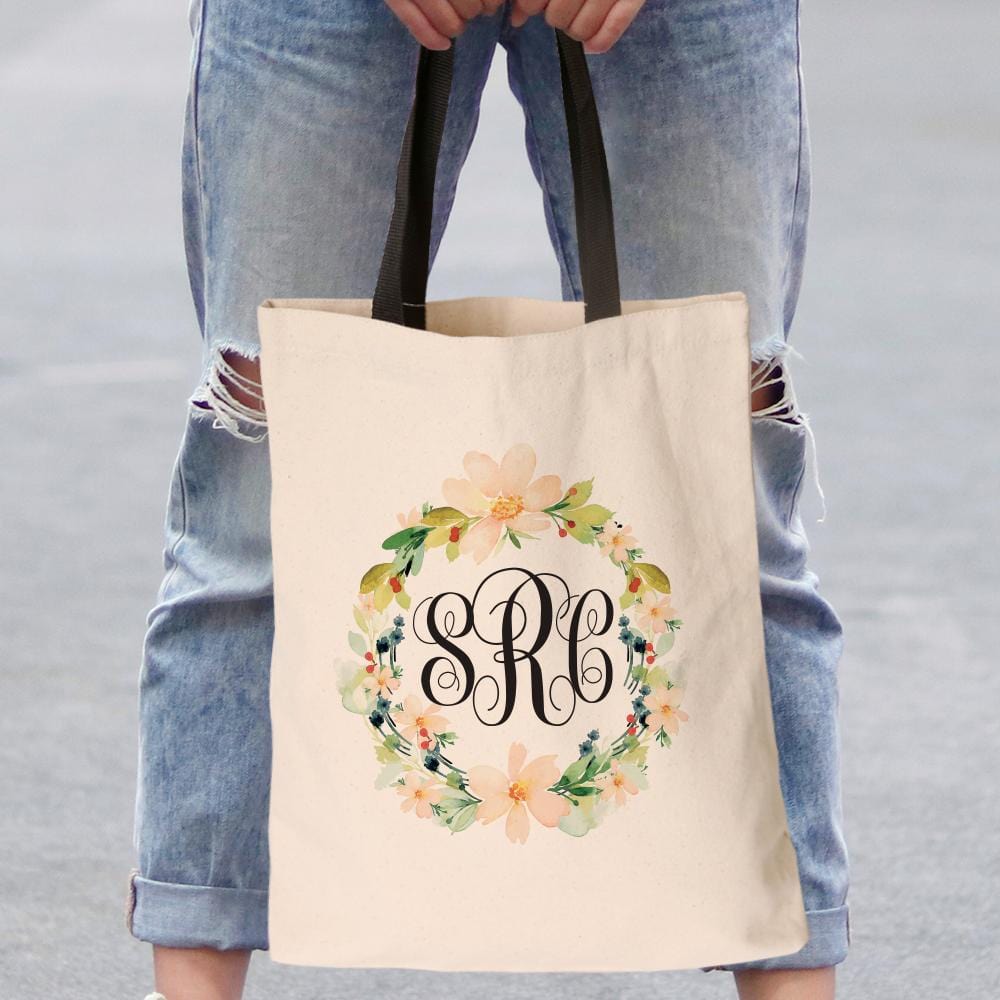 Hibiscus Wreath Monogrammed Black Handle Tote Bag.