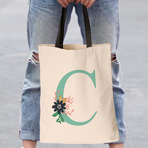 Personalized w/ Initial Floral Tote Bag | Custom Canvas Bag.