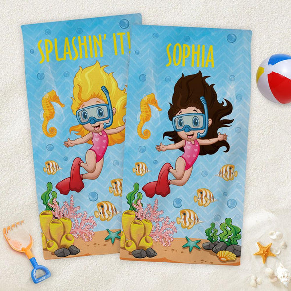 Snorkeling Personalized Beach Towel for Kids.