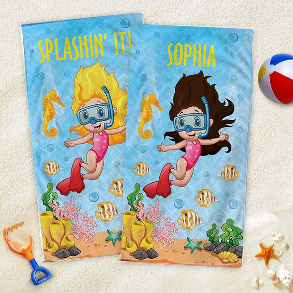 Snorkeling Personalized Towel for Kids | Custom Name Towel for Beach or Bath