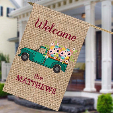 Personalized Flower Truck Welcome House Flag.
