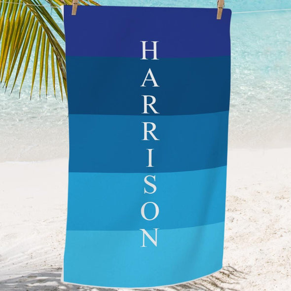 Personalized Shades of Blue Beach, Bath or Pool Towel for Kids.