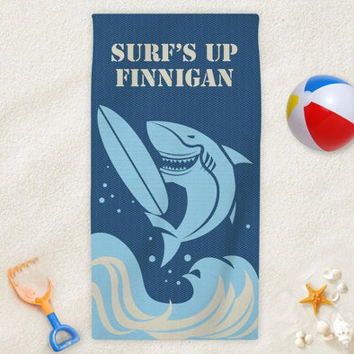 Surf's Up Shark Personalized Beach Towel for Kids.